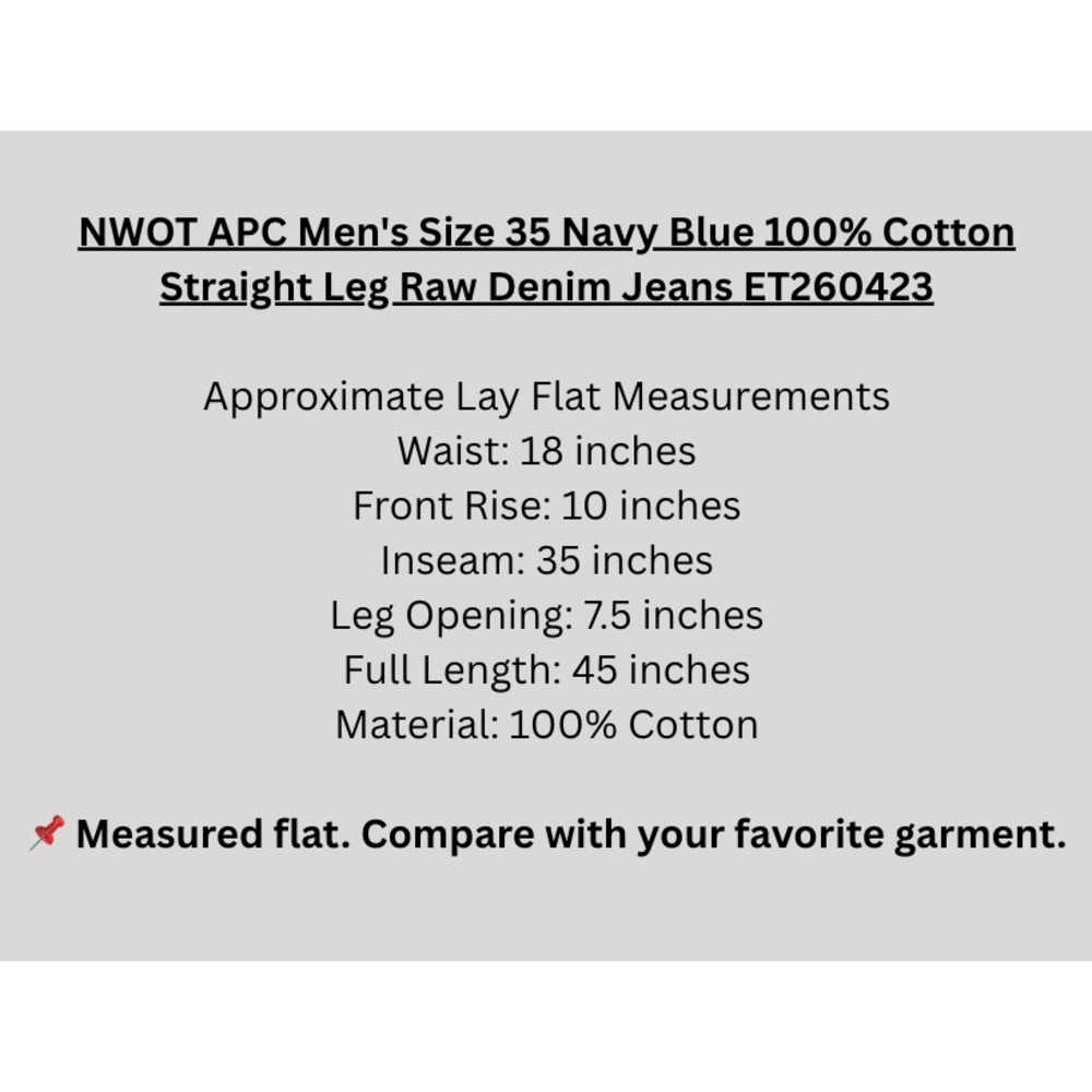 NWOT APC Men's Size 35x35 Navy Blue 100% Cotton Straight Leg Raw Denim Jeans - Picture 8 of 9